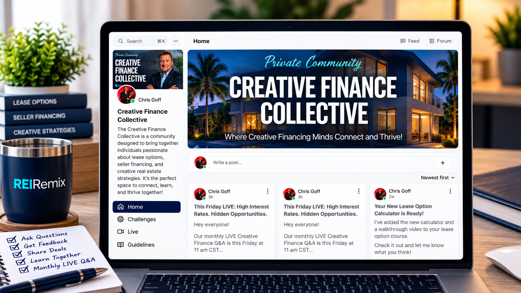 Illustrated Creative Finance Collective private community workspace on a laptop