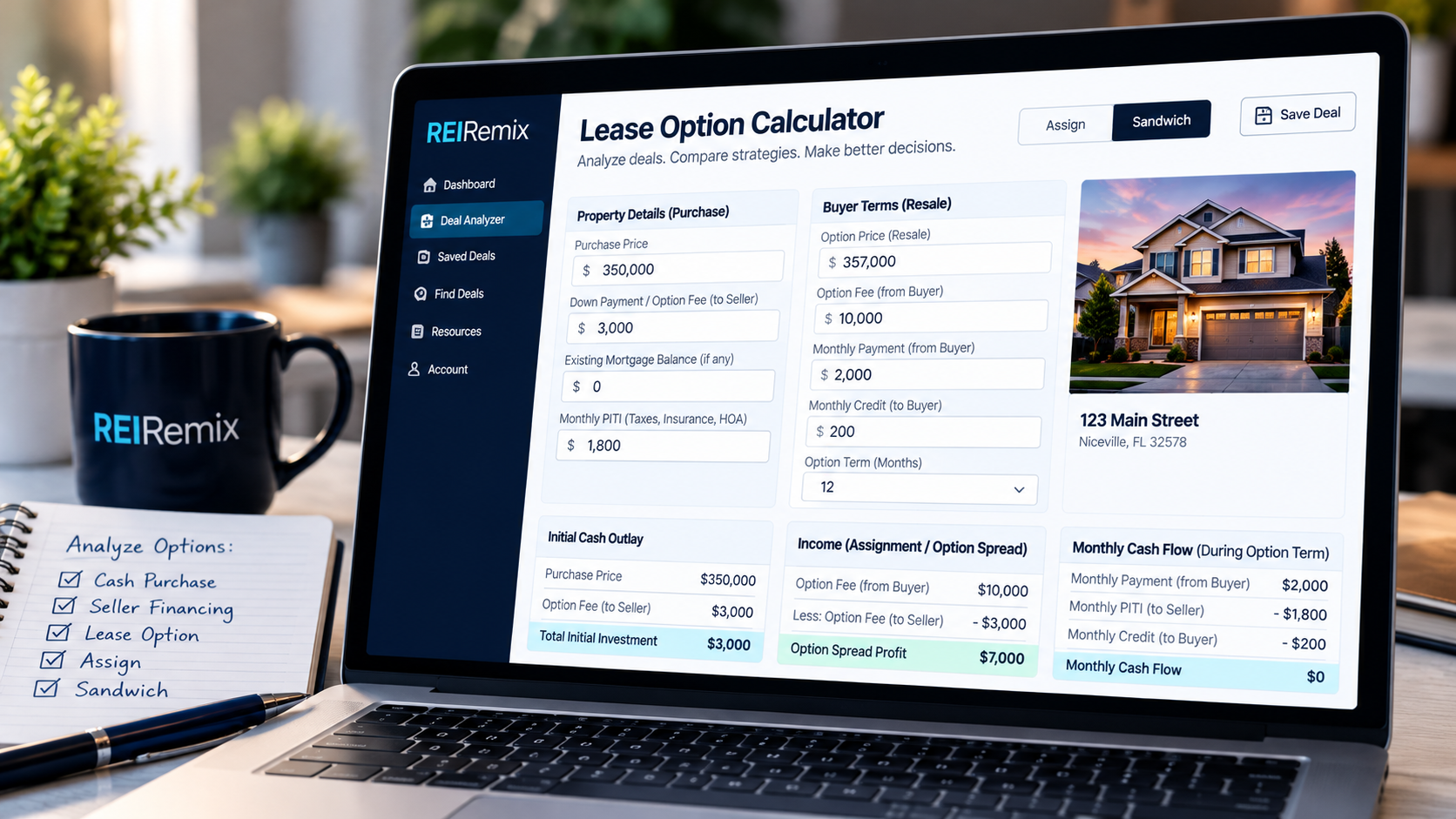 Illustrated Lease Option Calculator workspace on a laptop