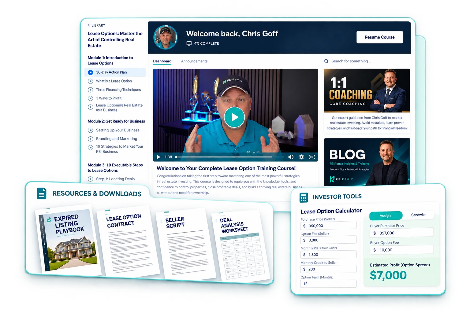 Lease Option Mastery training platform with course lessons, investor resources, and calculator tools
